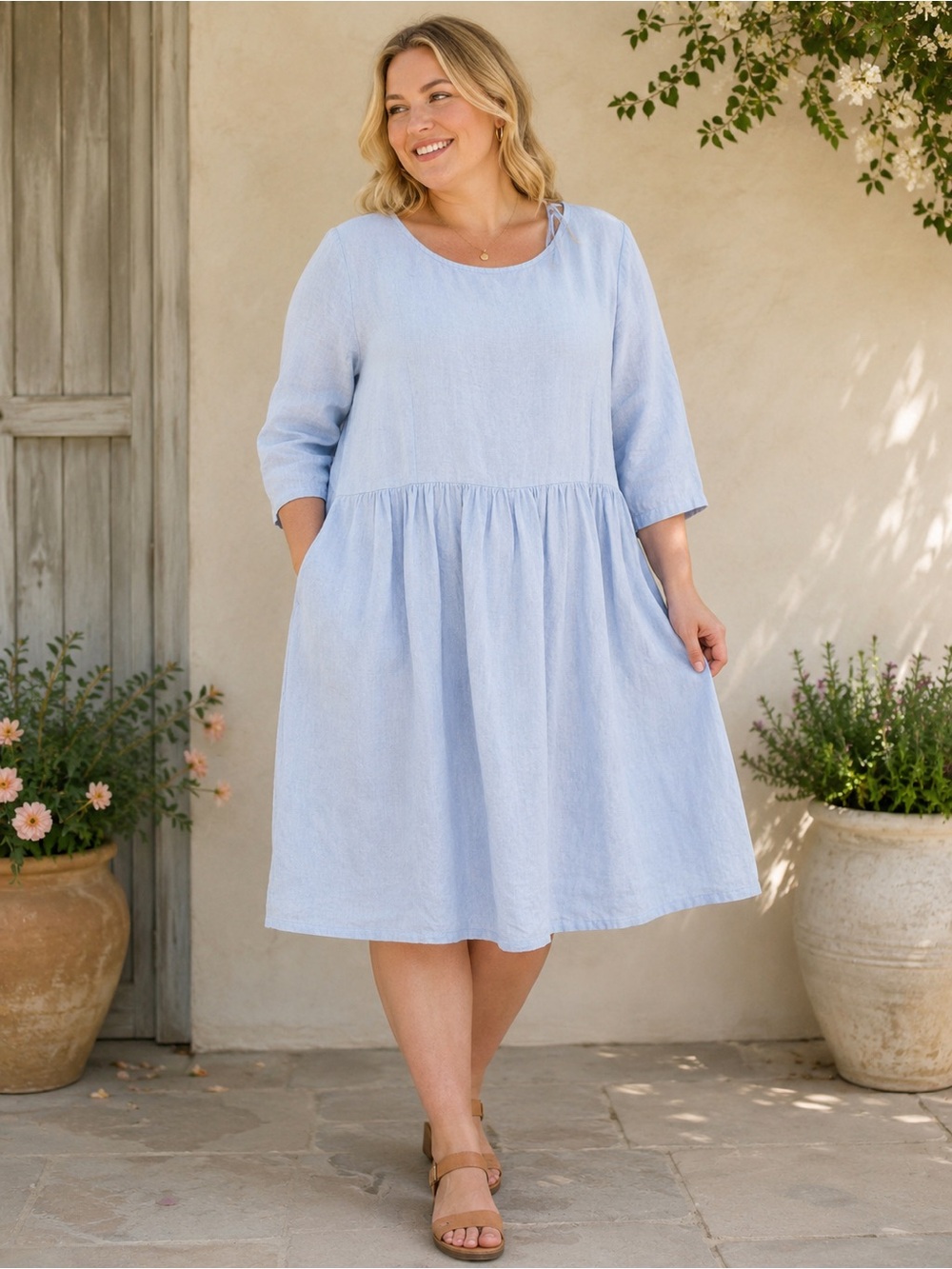 Le Muse 100% Linen Light Blue Midi Dress Size XL Relaxed Lagenlook Lightweight